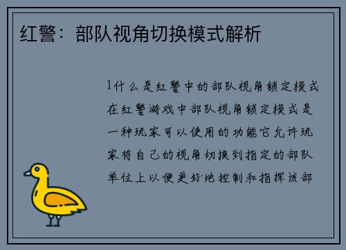 红警：部队视角切换模式解析