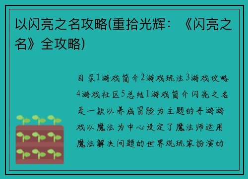 以闪亮之名攻略(重拾光辉：《闪亮之名》全攻略)